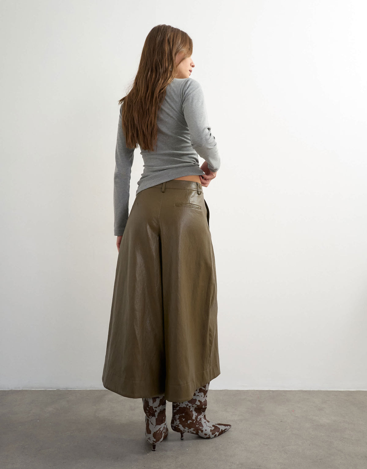 Topshop faux leather a line culotte trousers in khaki