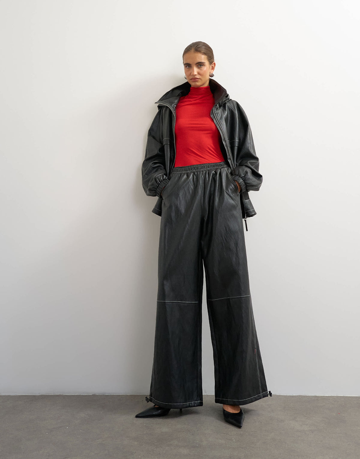 Topshop co ord faux leather contrast stitch jogger&nbsp;in black