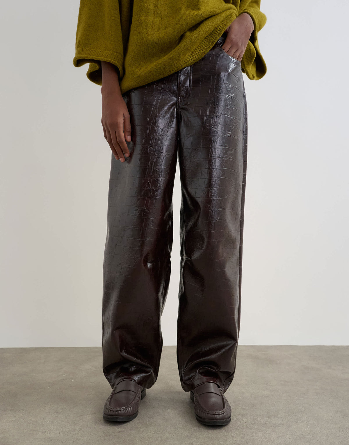 Topshop faux leather croc barrel trousers in chocolate