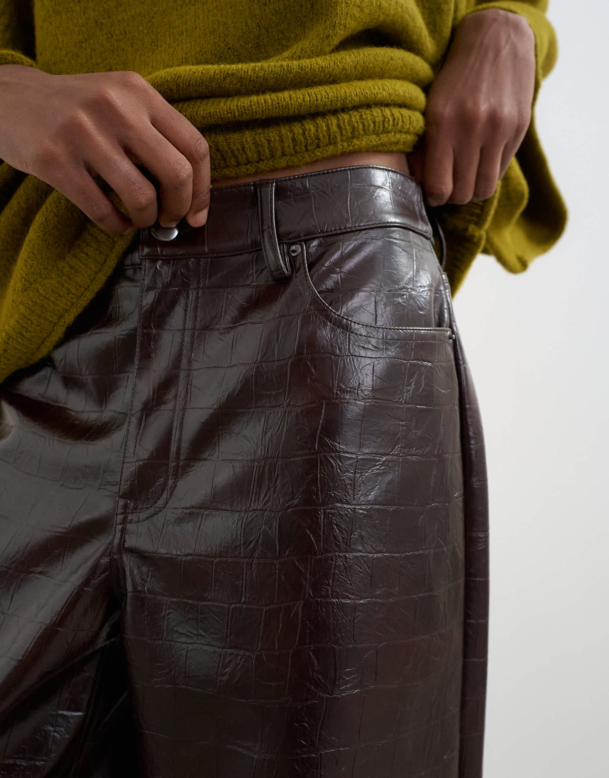Topshop faux leather croc barrel trousers in chocolate