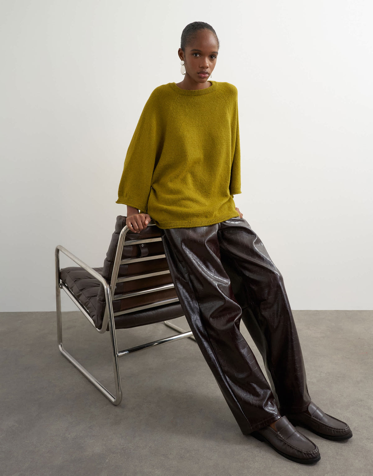 Topshop faux leather croc barrel trousers in chocolate