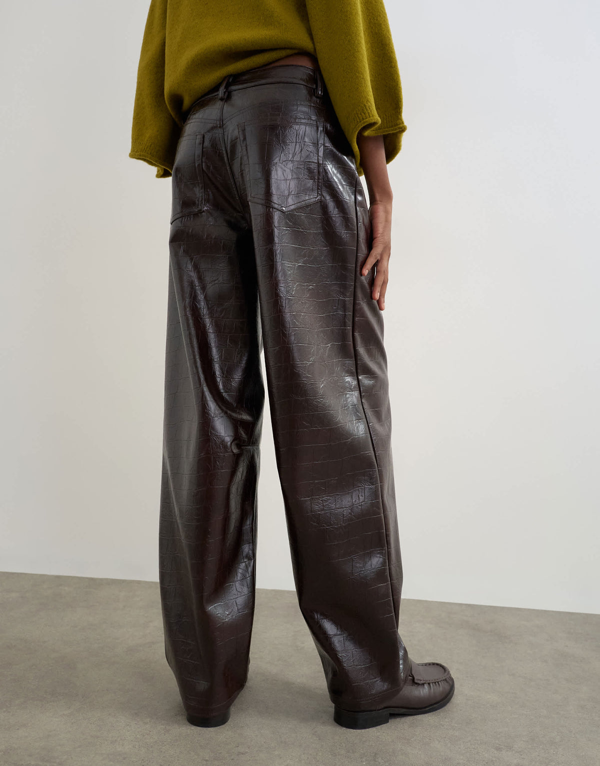 Topshop faux leather croc barrel trousers in chocolate