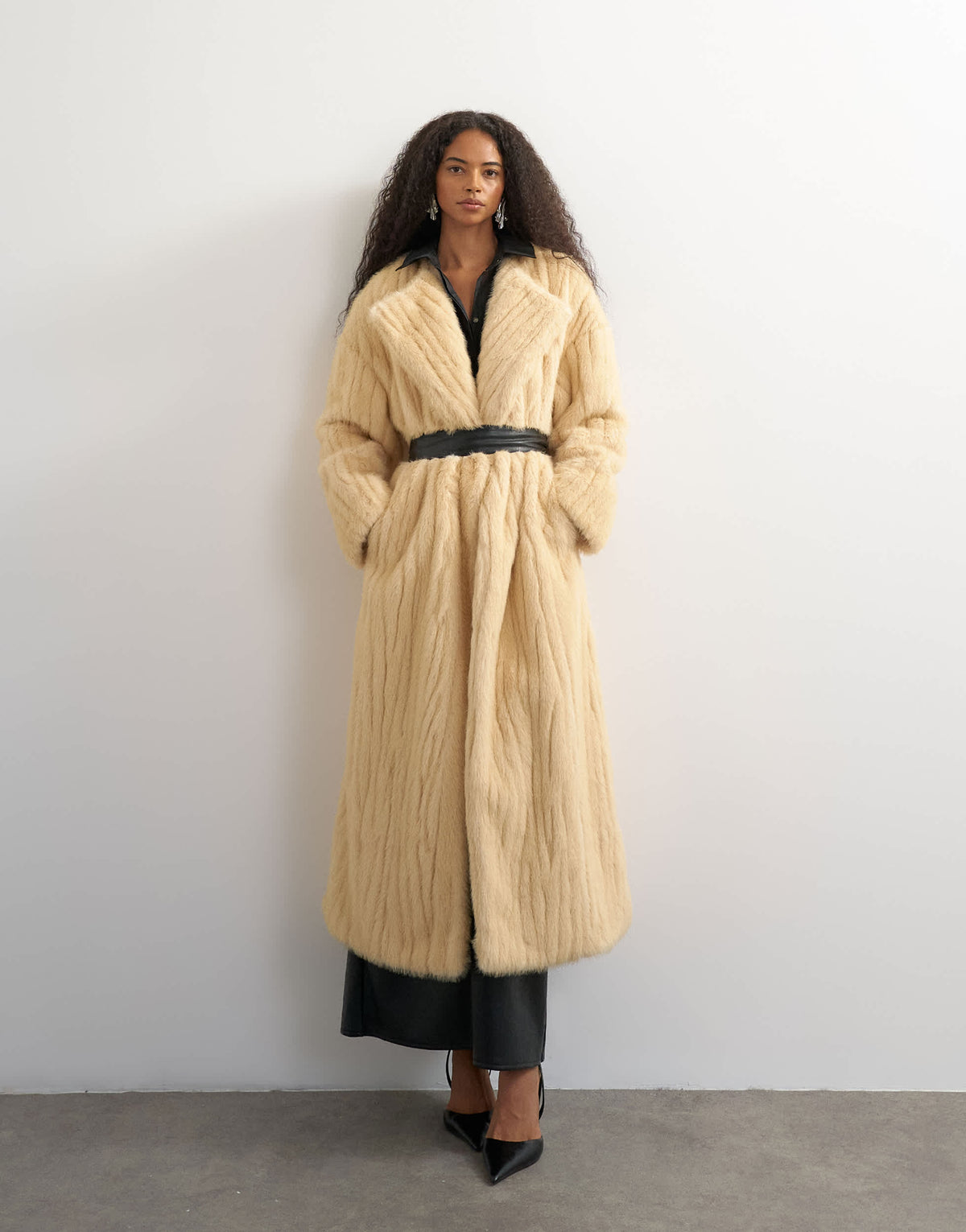 Topshop faux fur longline coat with faux leather belt in beige