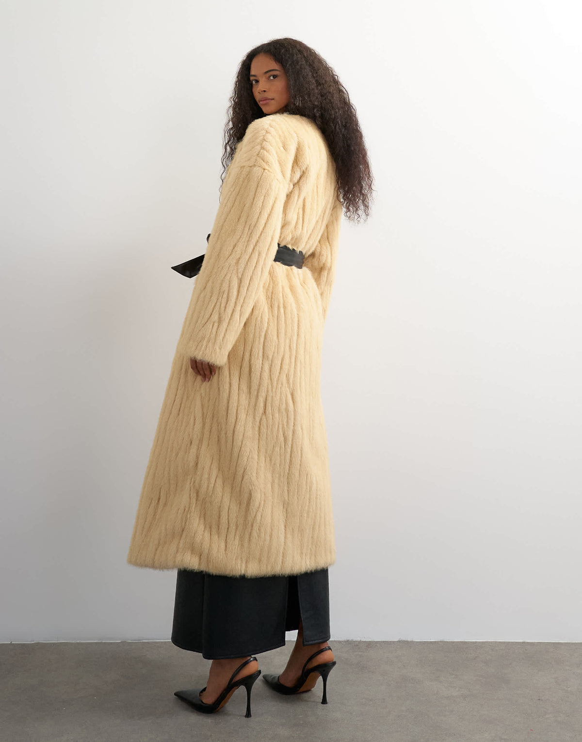 Topshop faux fur longline coat with faux leather belt in beige