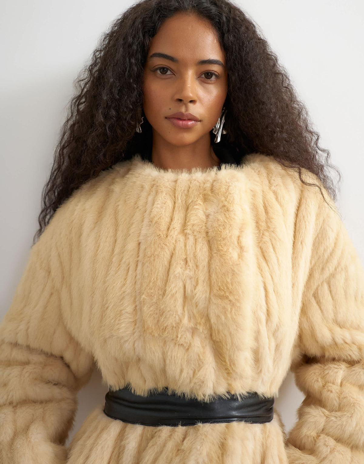 Topshop faux fur longline coat with faux leather belt in beige