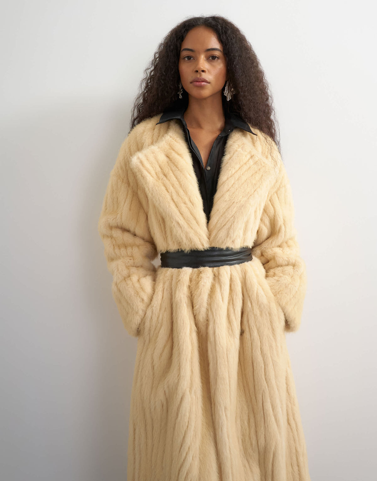 Topshop faux fur longline coat with faux leather belt in beige