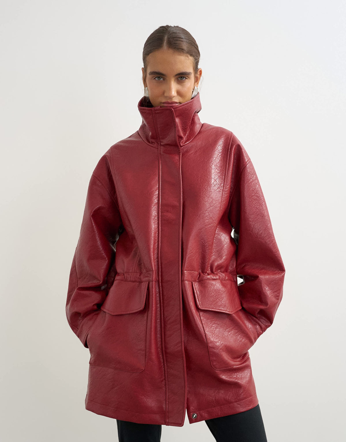 Topshop faux leather cinch waist funnel neck jacket in cherry