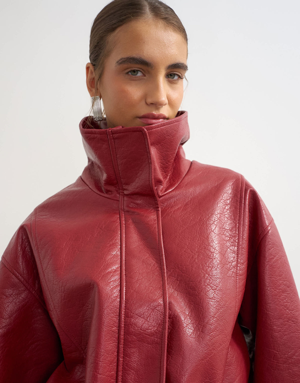 Topshop faux leather cinch waist funnel neck jacket in cherry