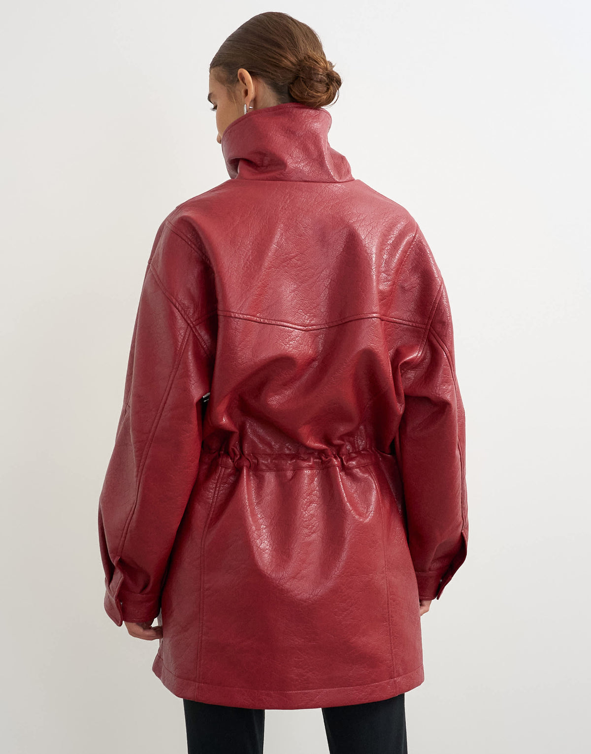 Topshop faux leather cinch waist funnel neck jacket in cherry