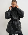Topshop faux leather cinch waist funnel neck jacket in black