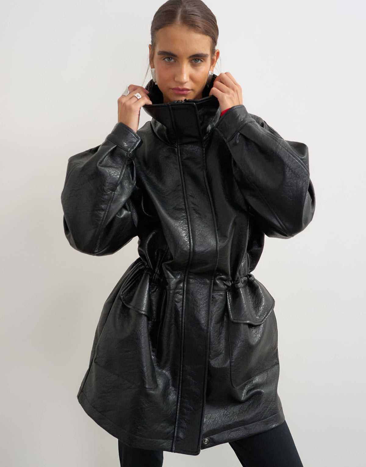 Topshop faux leather cinch waist funnel neck jacket in black