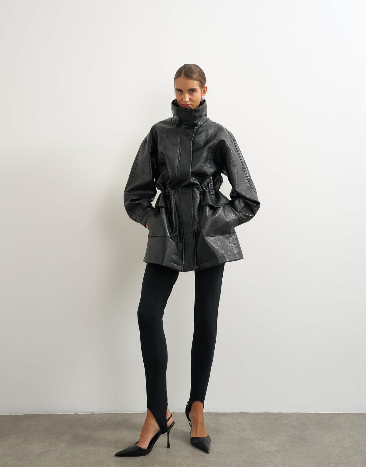 Topshop faux leather cinch waist funnel neck jacket in black