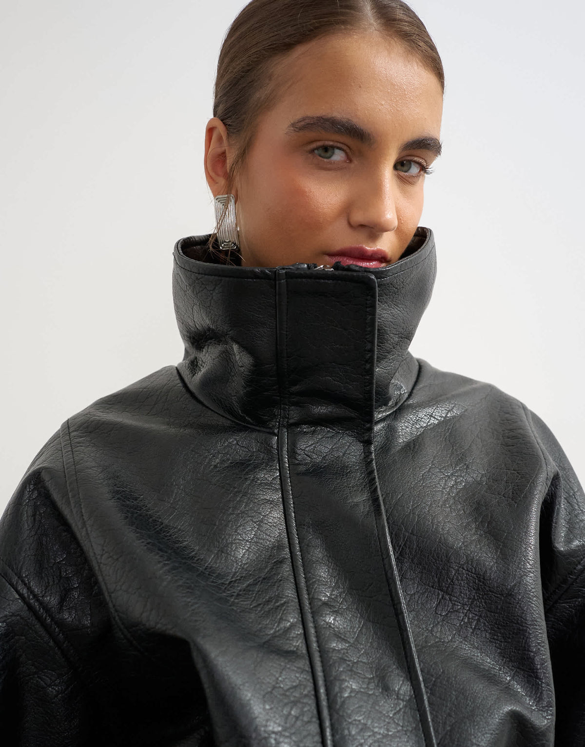 Topshop faux leather cinch waist funnel neck jacket in black