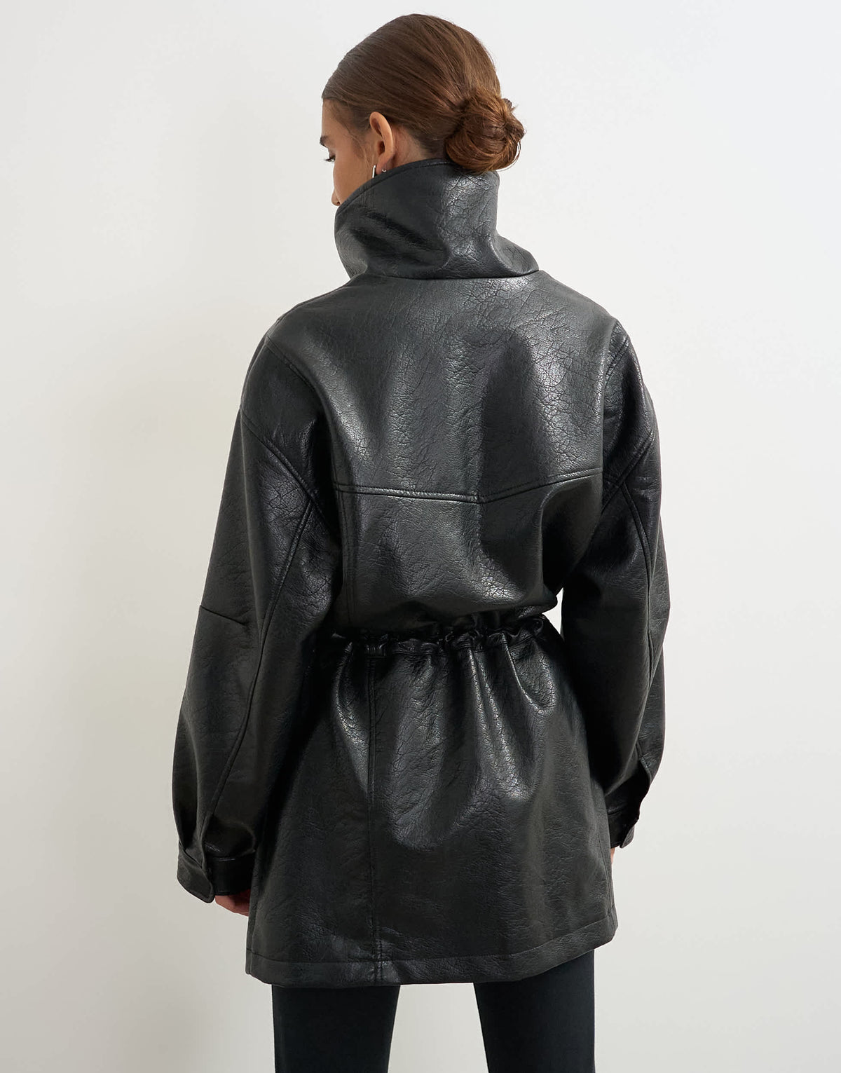 Topshop faux leather cinch waist funnel neck jacket in black