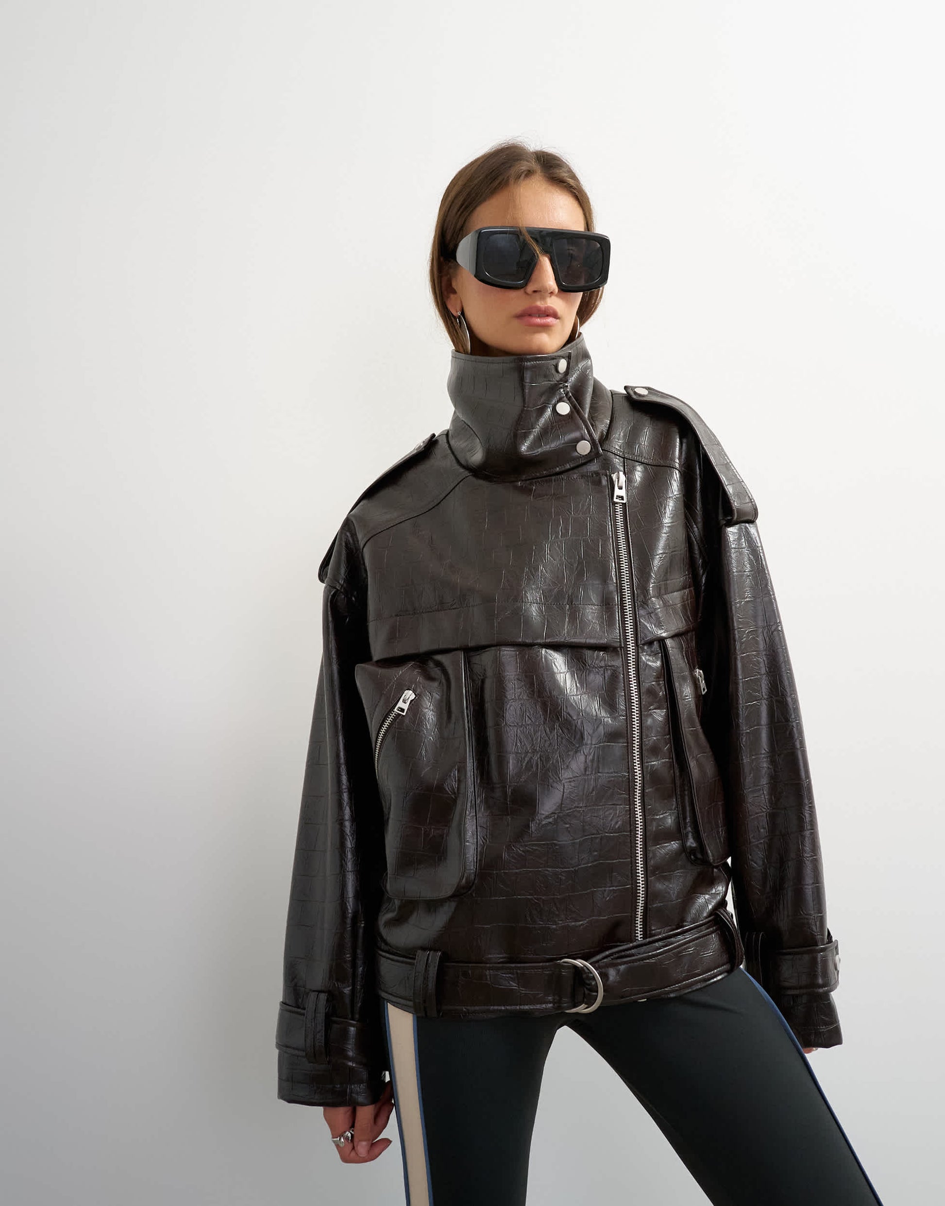 Topshop faux croc leather fold funnel biker in chocolate