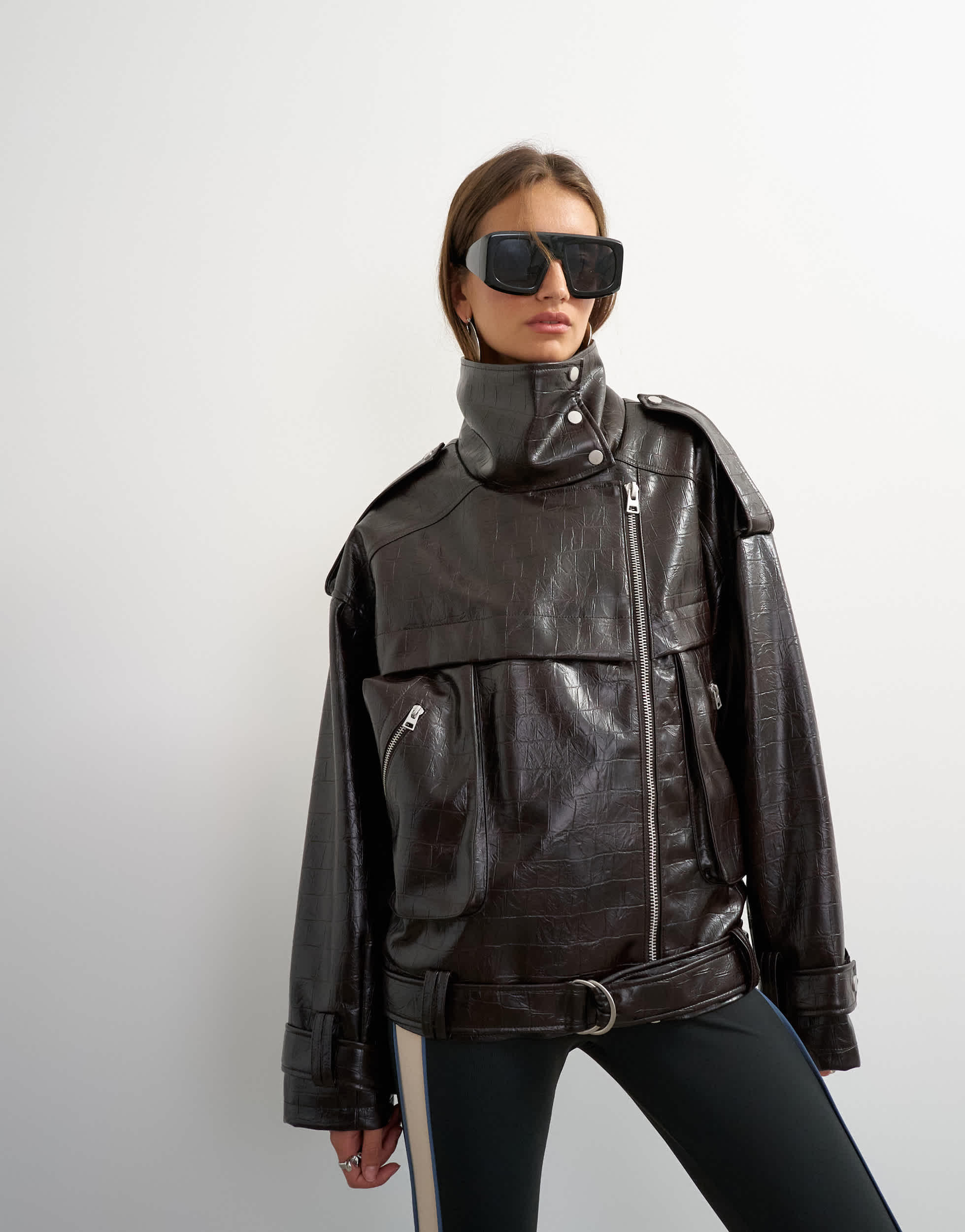 Topshop faux croc leather fold funnel biker in chocolate
