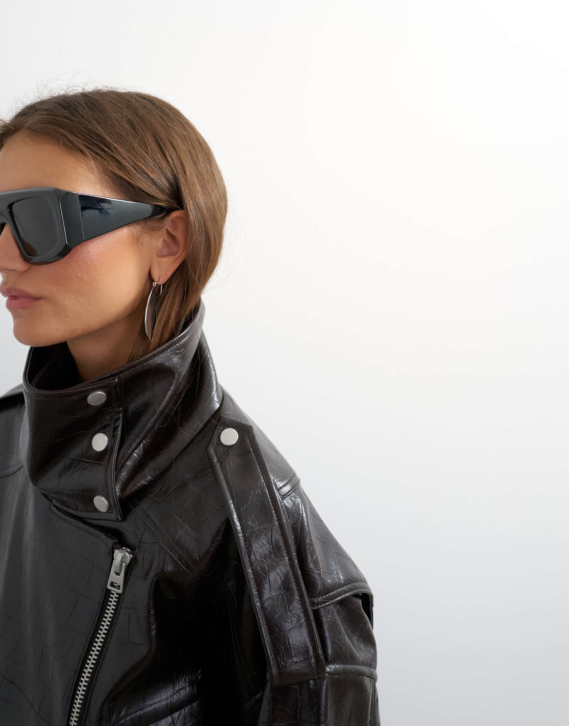 Topshop faux croc leather fold funnel biker in chocolate