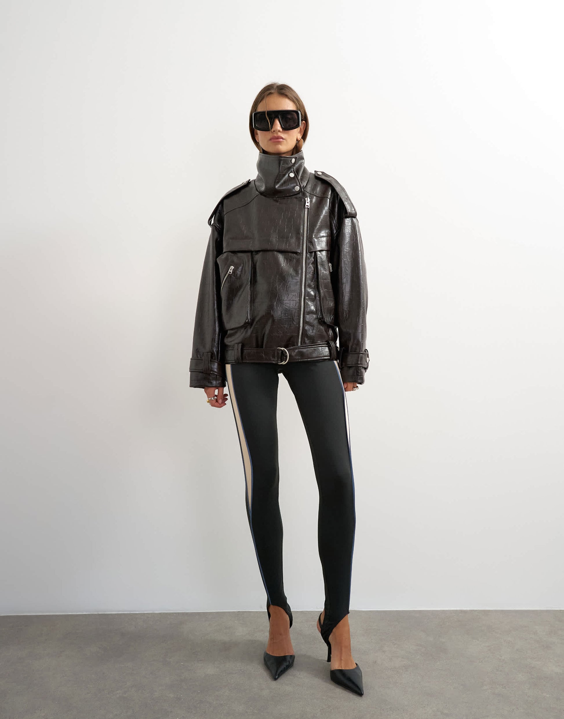 Topshop faux croc leather fold funnel biker in chocolate