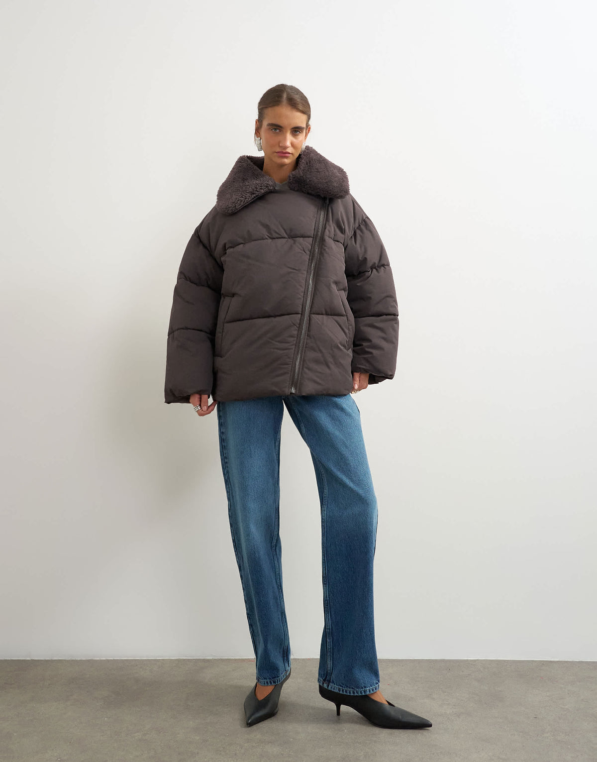 Topshop biker puffer with detachable borg collar in chocolate