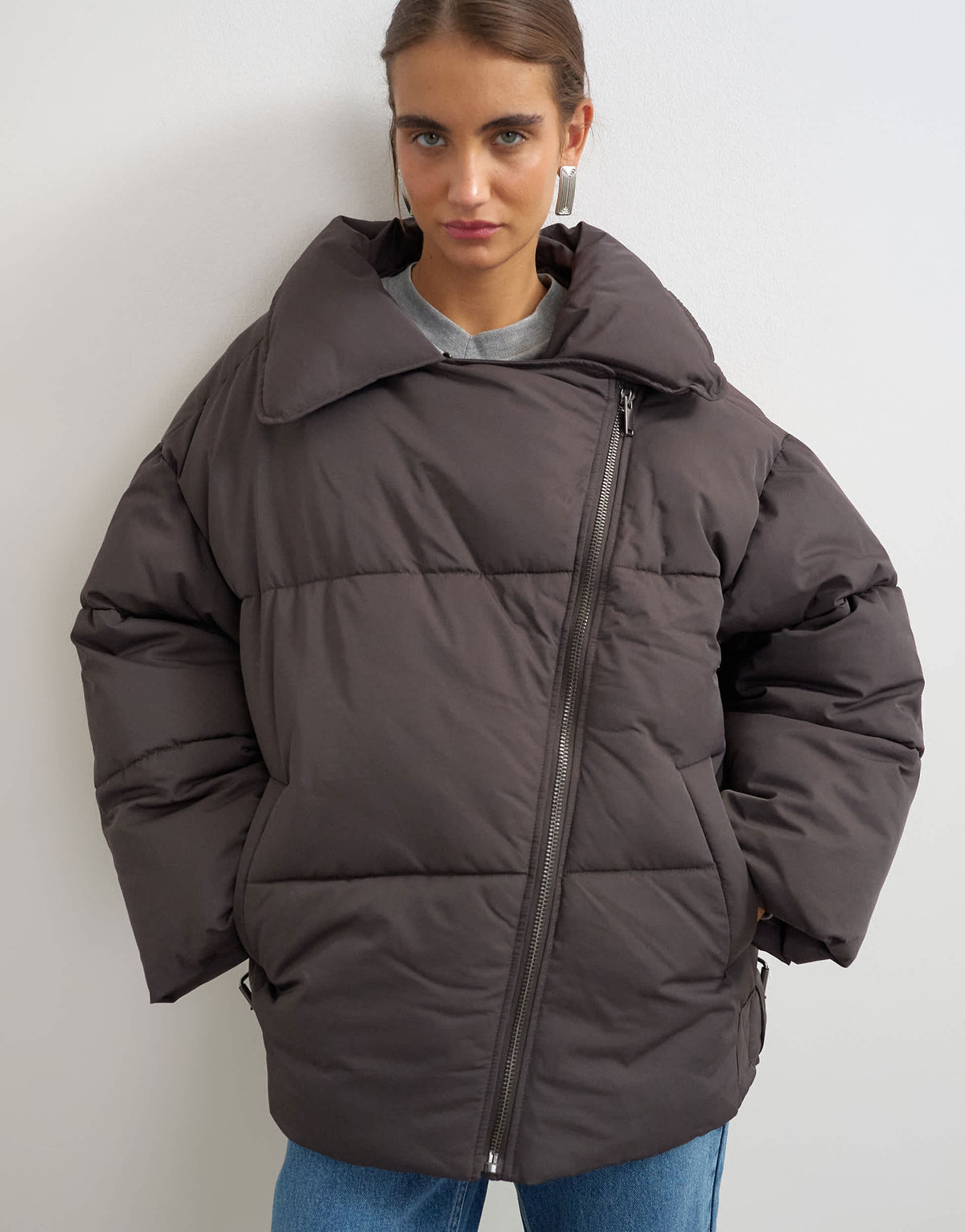 Topshop biker puffer with detachable borg collar in chocolate