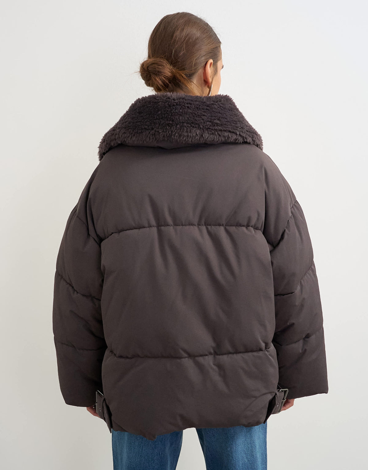 Topshop biker puffer with detachable borg collar in chocolate