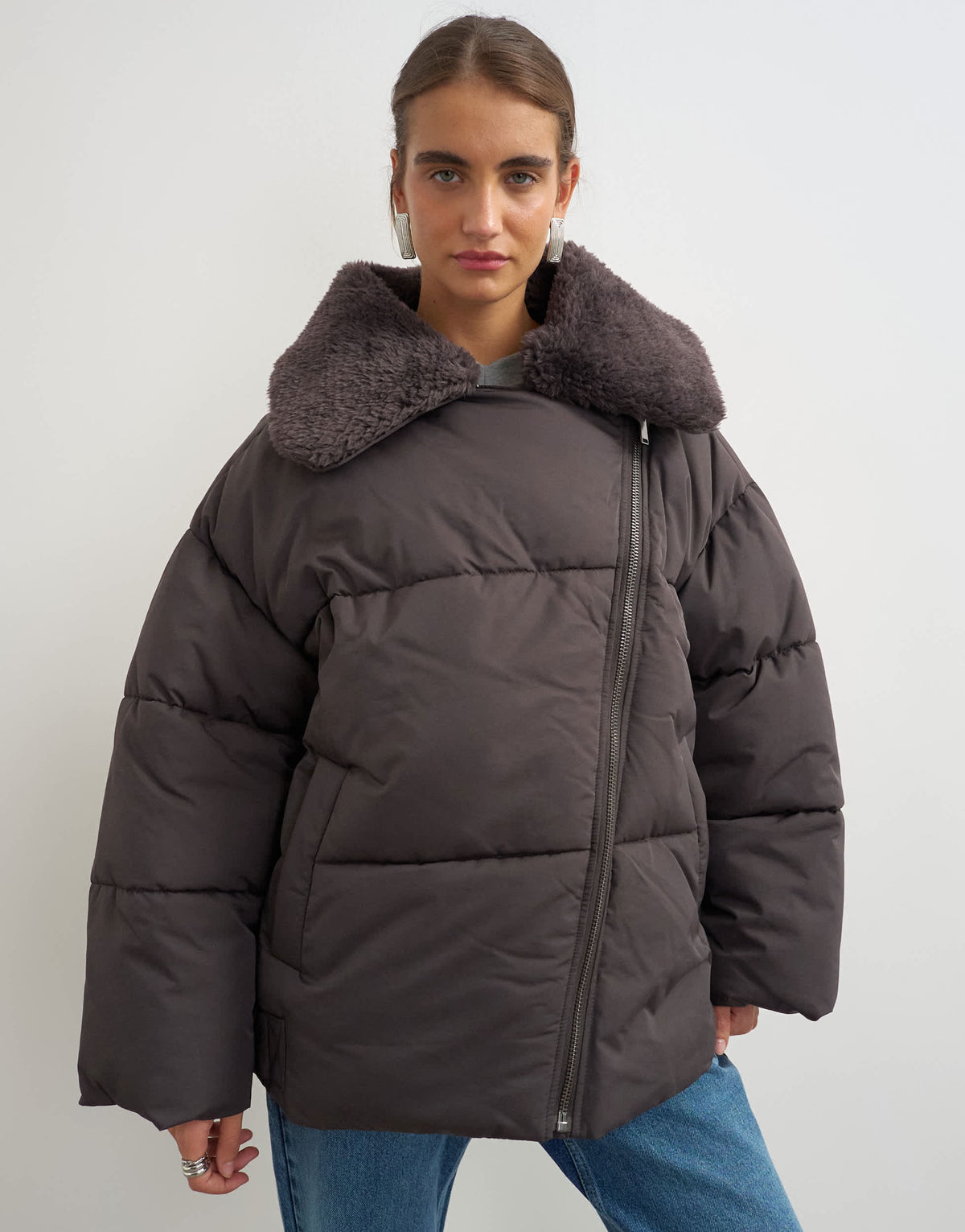 Topshop biker puffer with detachable borg collar in chocolate