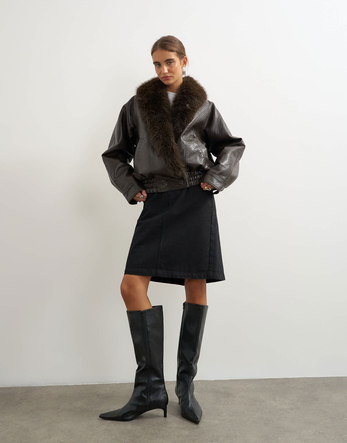 Topshop faux leather bomber jacket with faux fur trim in brown