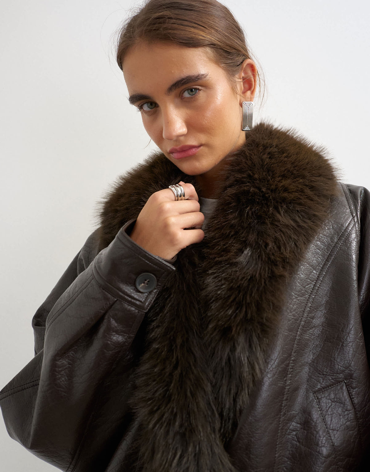 Topshop faux leather bomber jacket with faux fur trim in brown