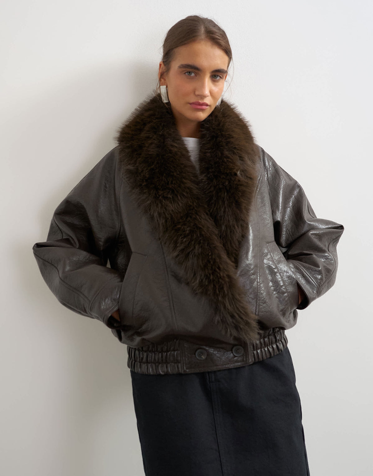 Topshop faux leather bomber jacket with faux fur trim in brown