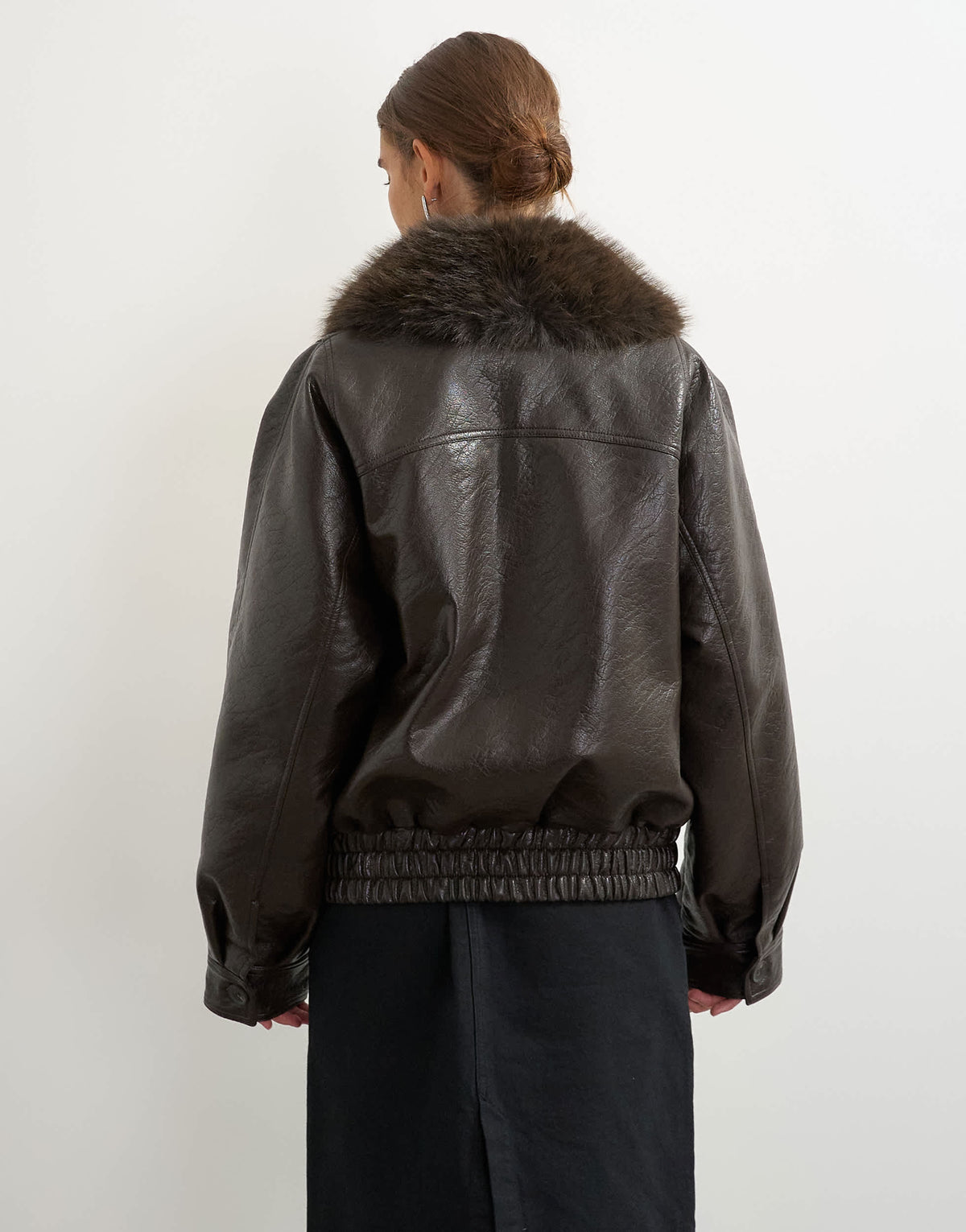 Topshop faux leather bomber jacket with faux fur trim in brown