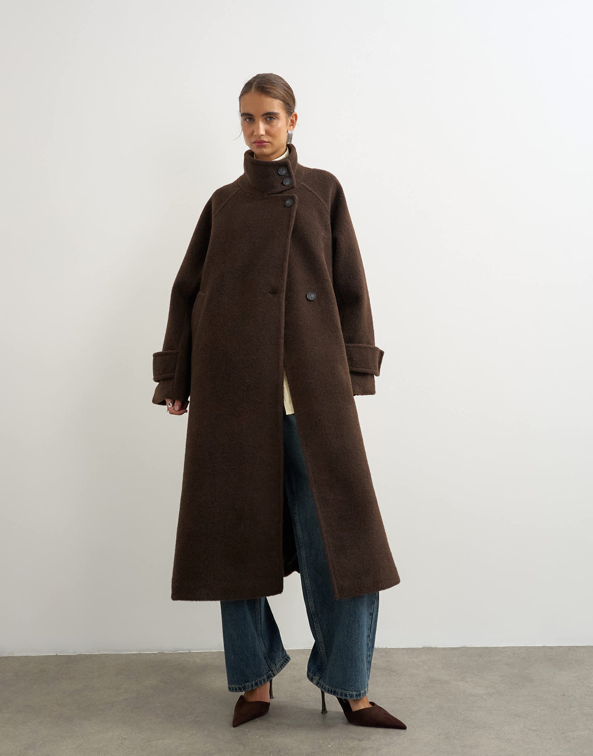 Topshop formal funnel neck longline coat in charcoal