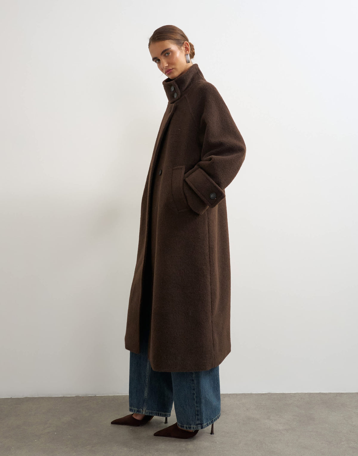 Topshop formal funnel neck longline coat in charcoal