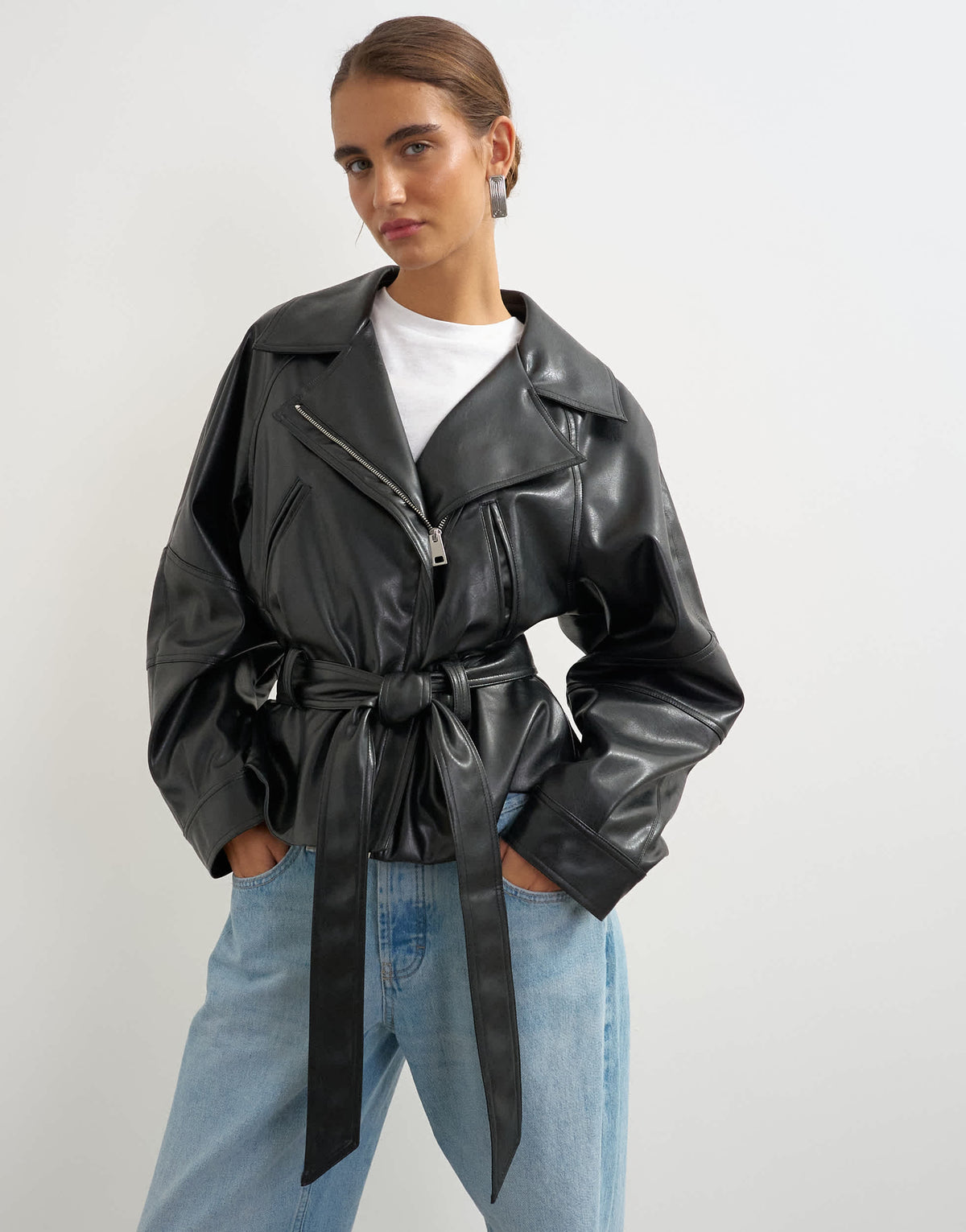 Topshop faux leather cropped biker with tie belt in black