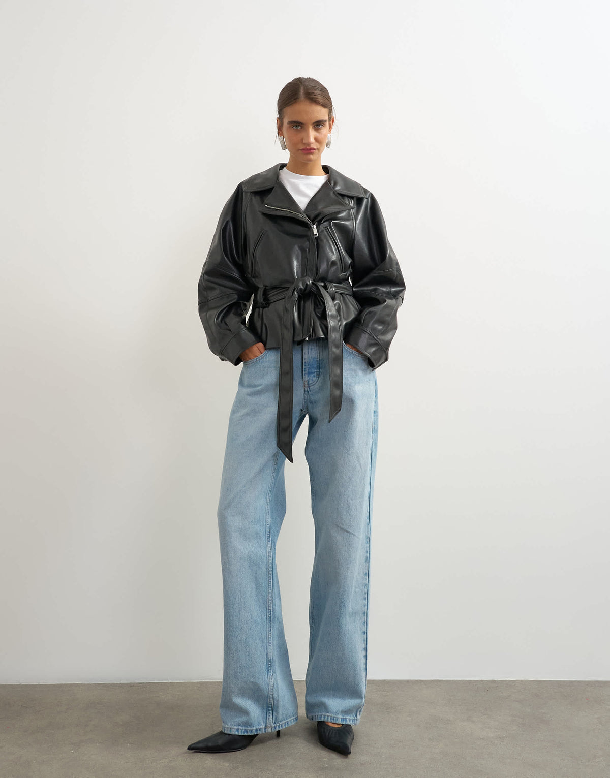 Topshop faux leather cropped biker with tie belt in black