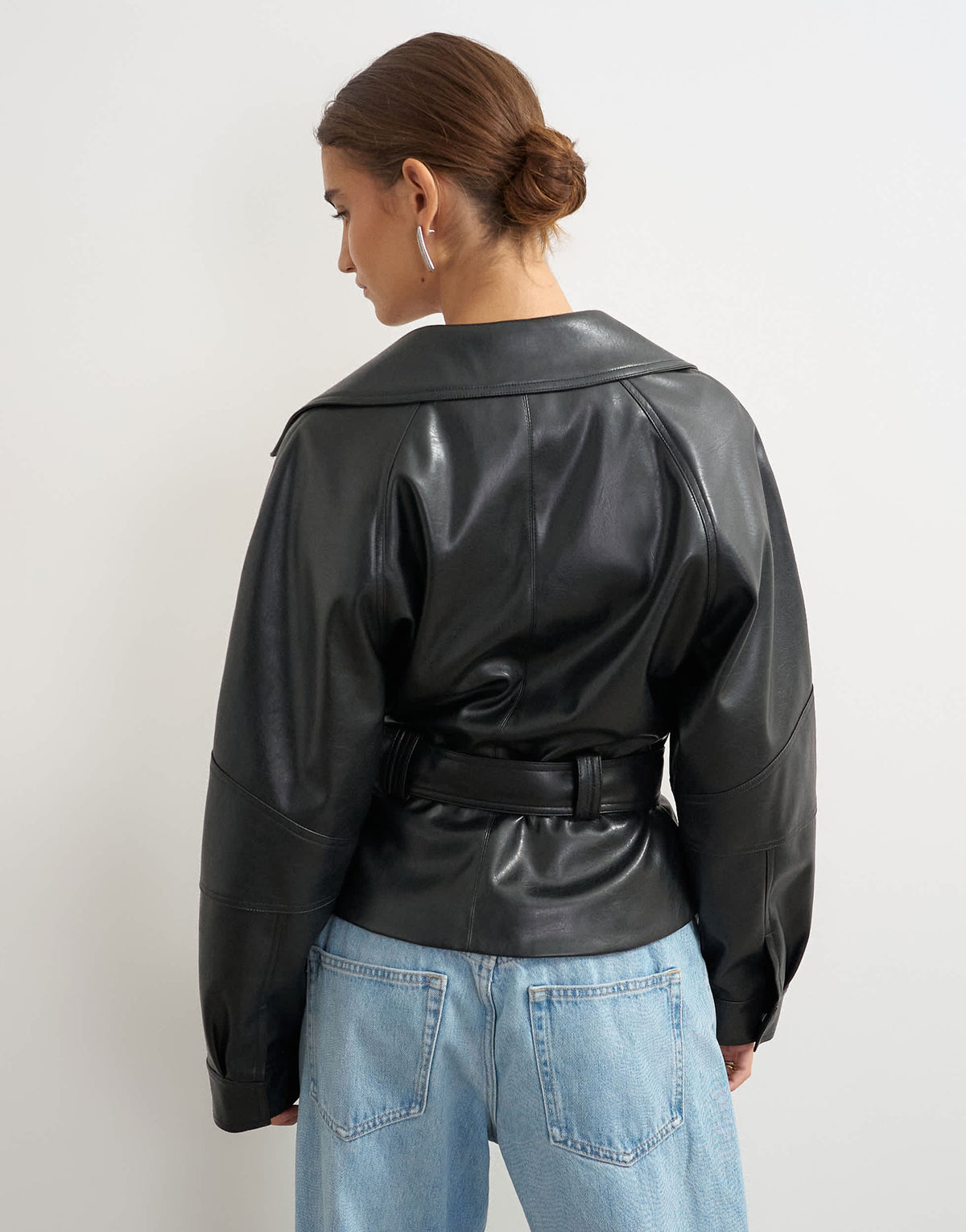 Topshop faux leather cropped biker with tie belt in black