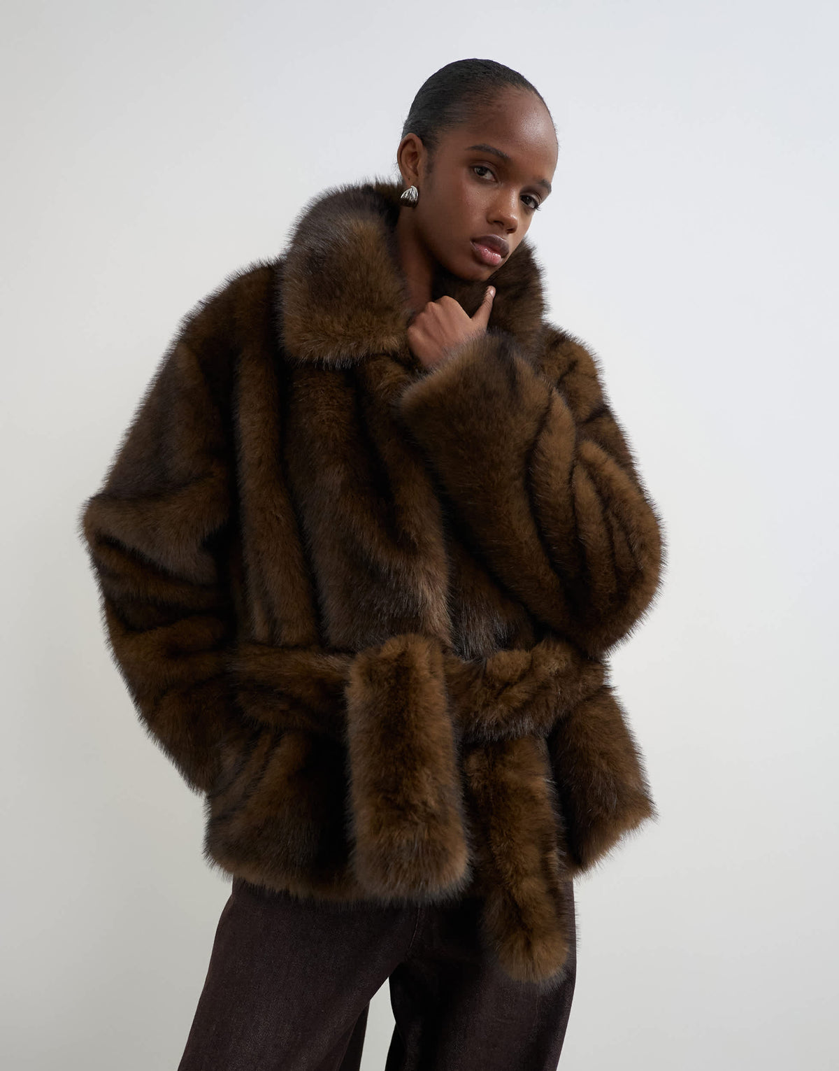 Topshop faux fur short belted coat in brown