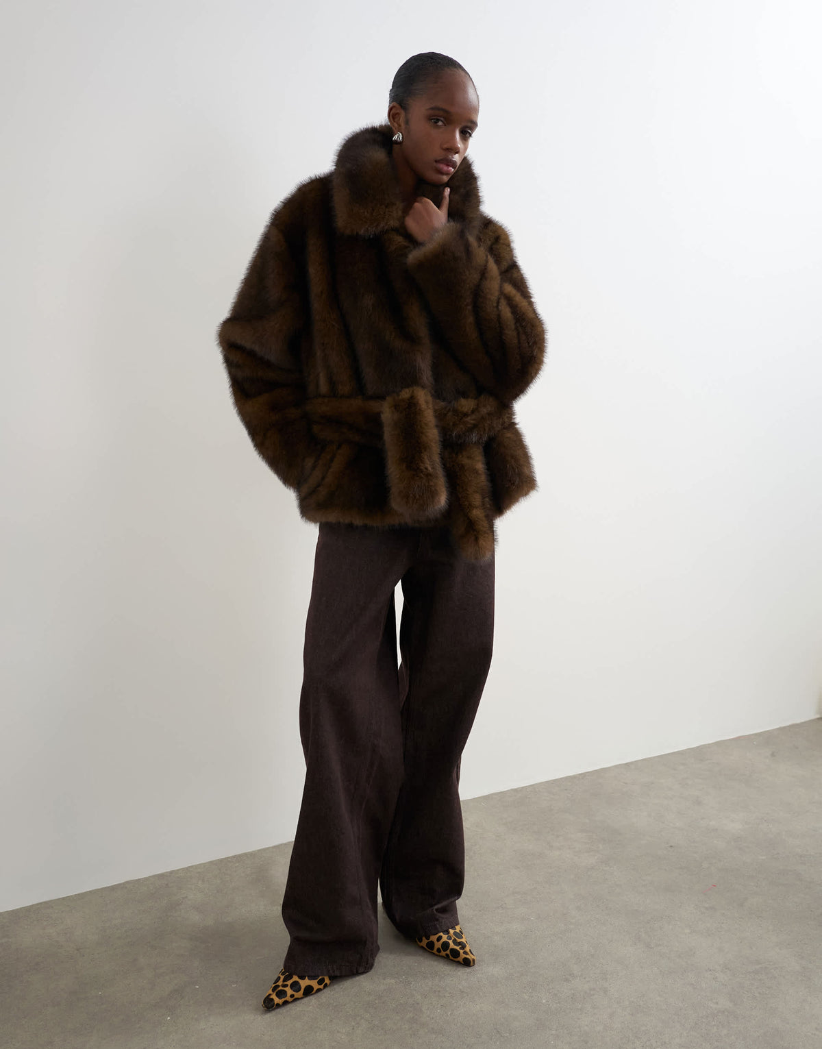 Topshop faux fur short belted coat in brown