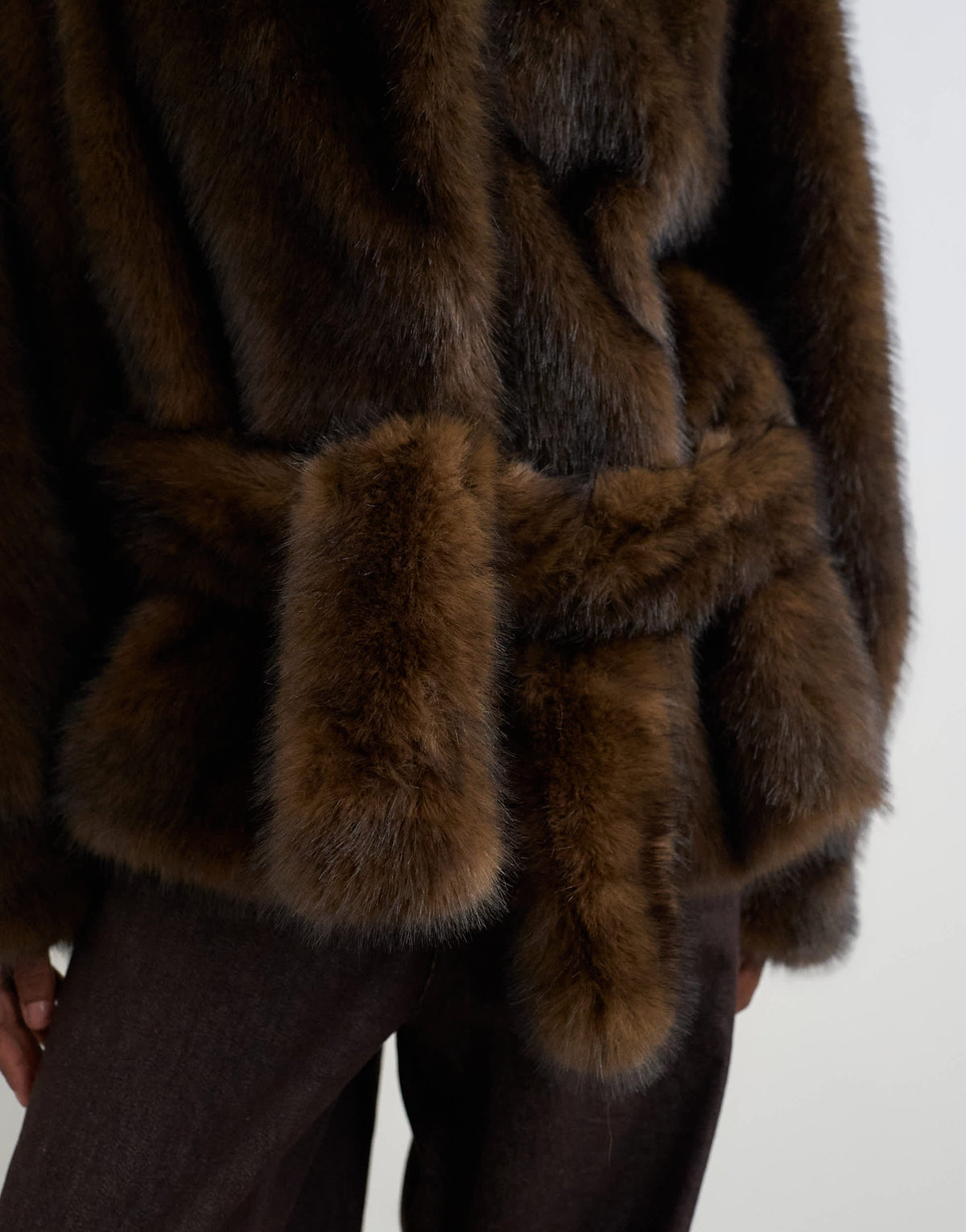 Topshop faux fur short belted coat in brown