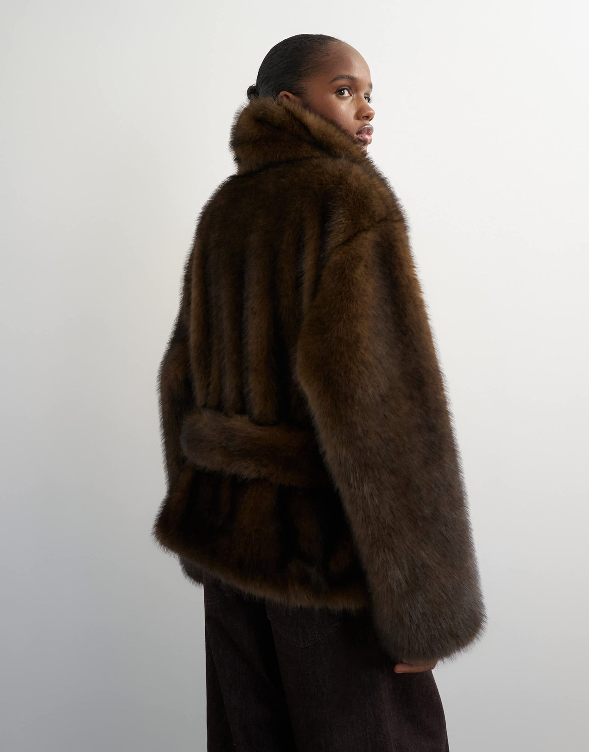 Topshop faux fur short belted coat in brown