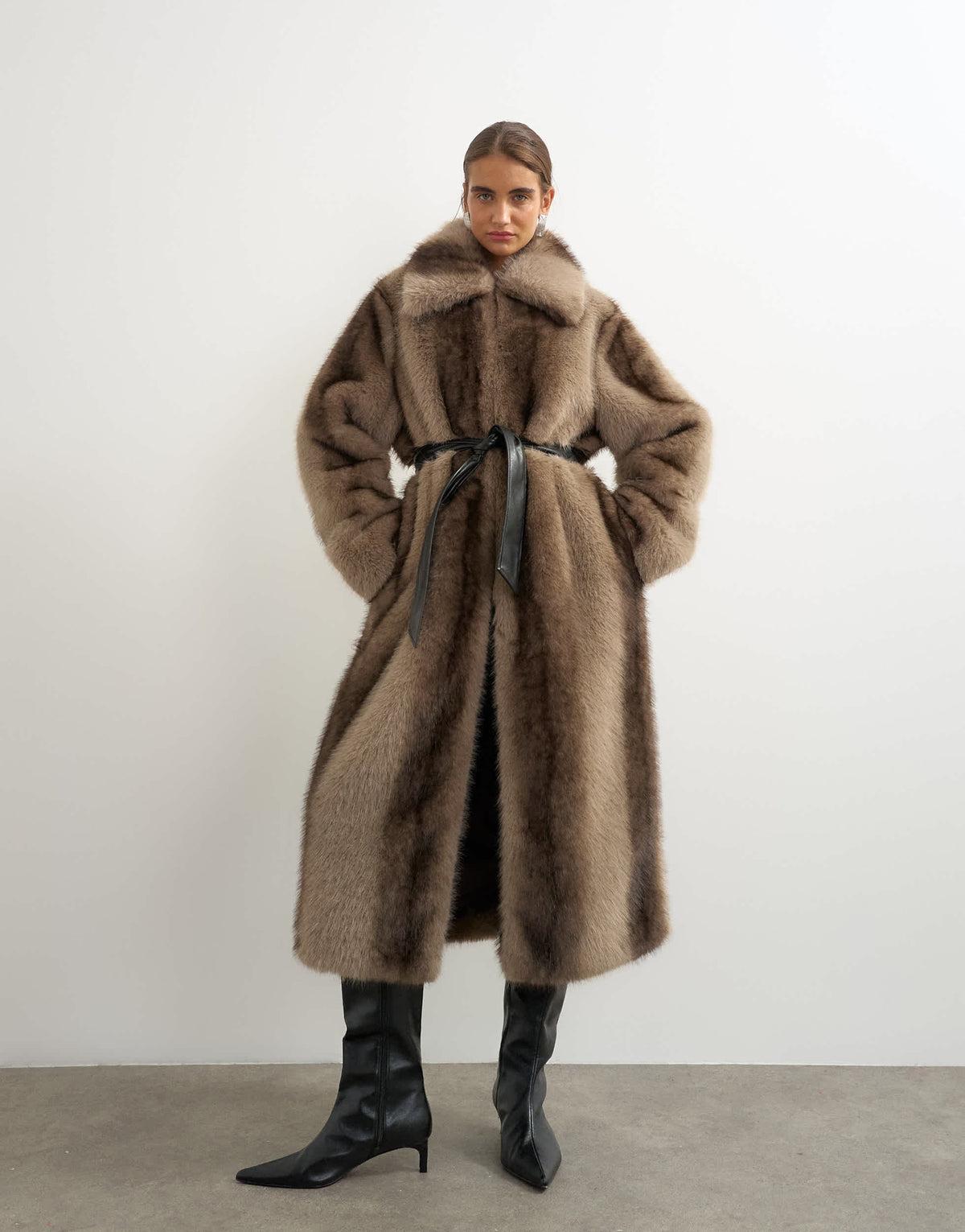 Topshop faux fur long line coat with faux leather belt in mocha