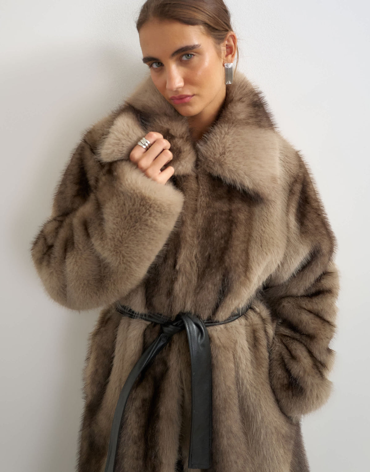 Topshop faux fur long line coat with faux leather belt in mocha
