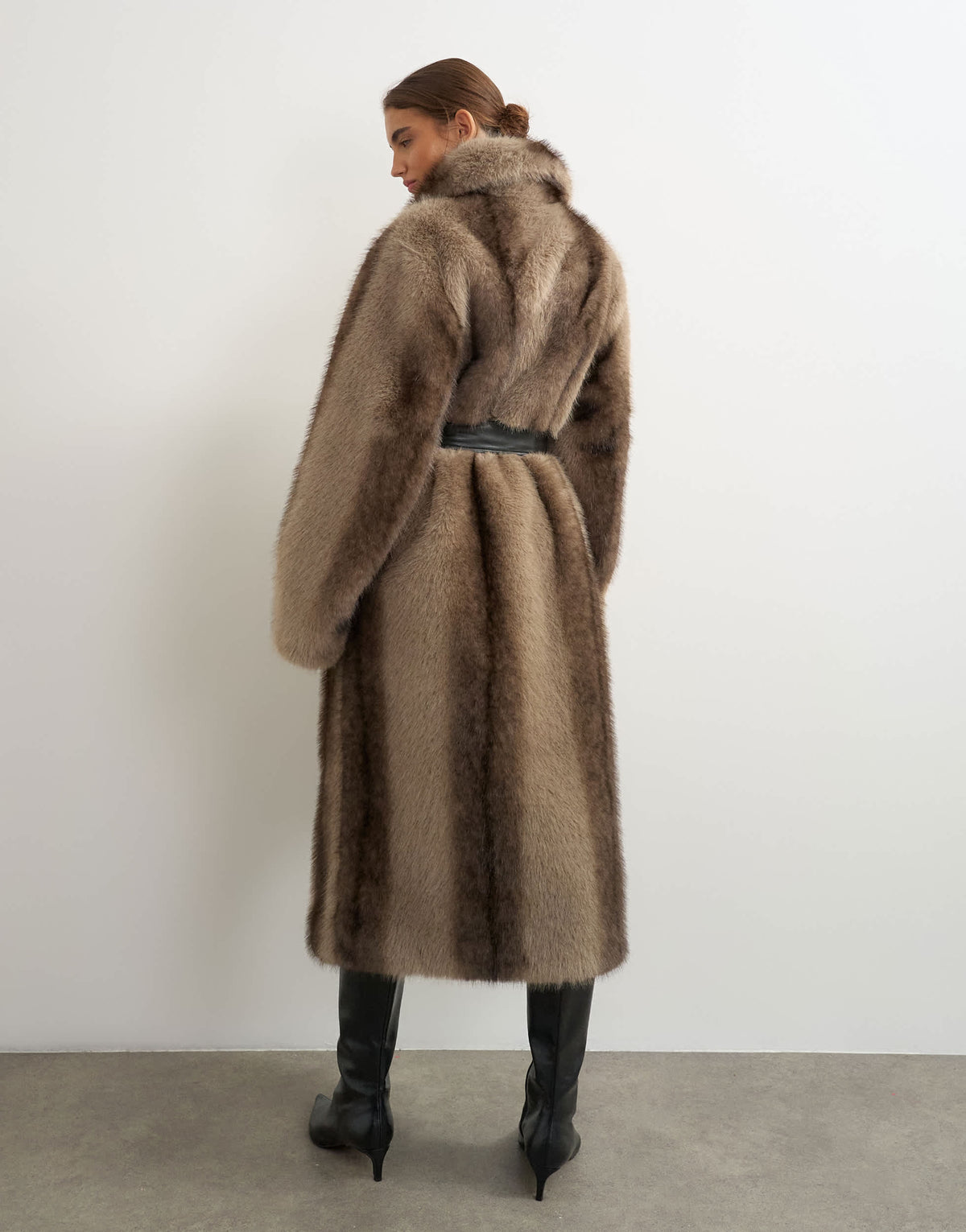 Topshop faux fur long line coat with faux leather belt in mocha