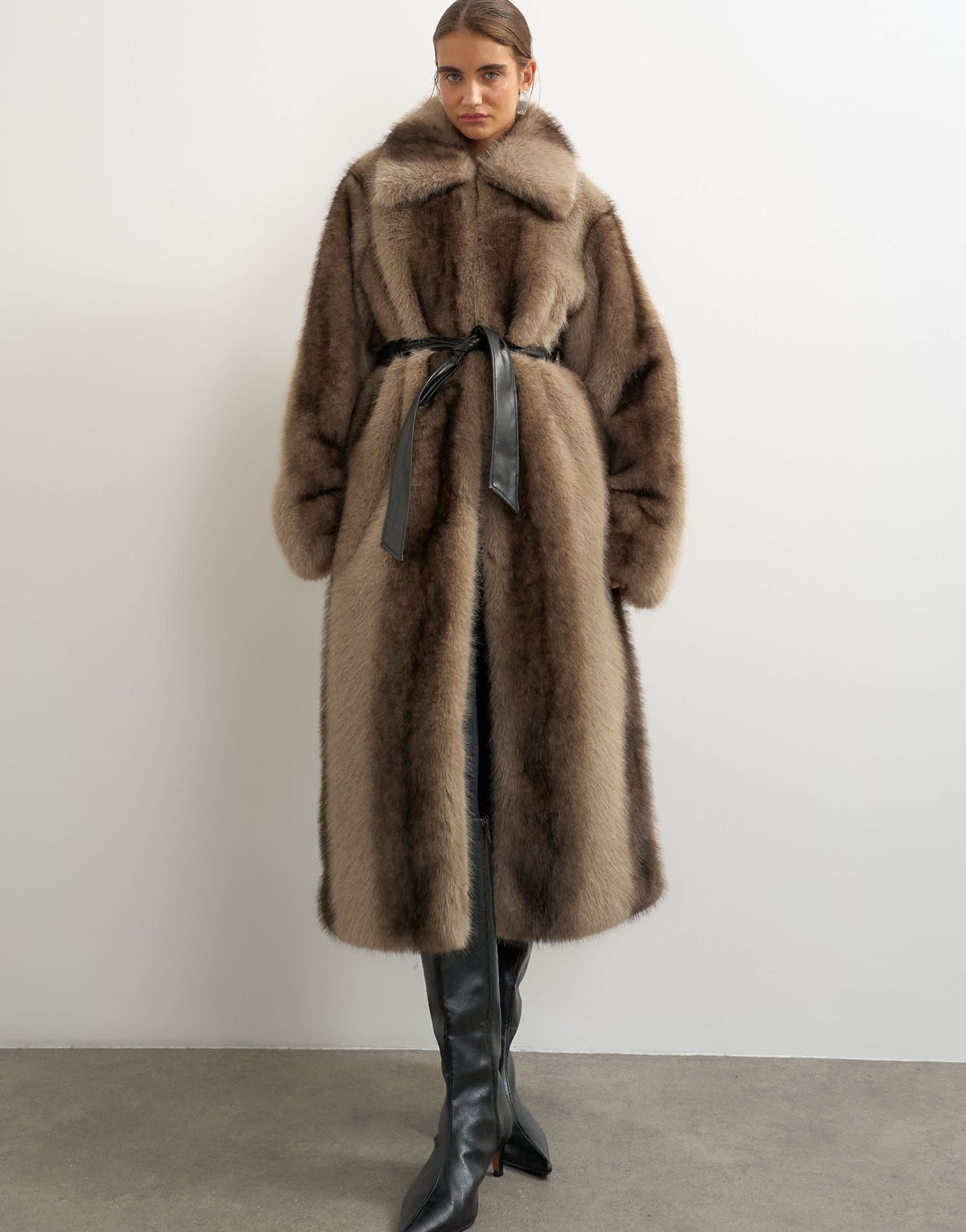 Topshop faux fur long line coat with faux leather belt in mocha