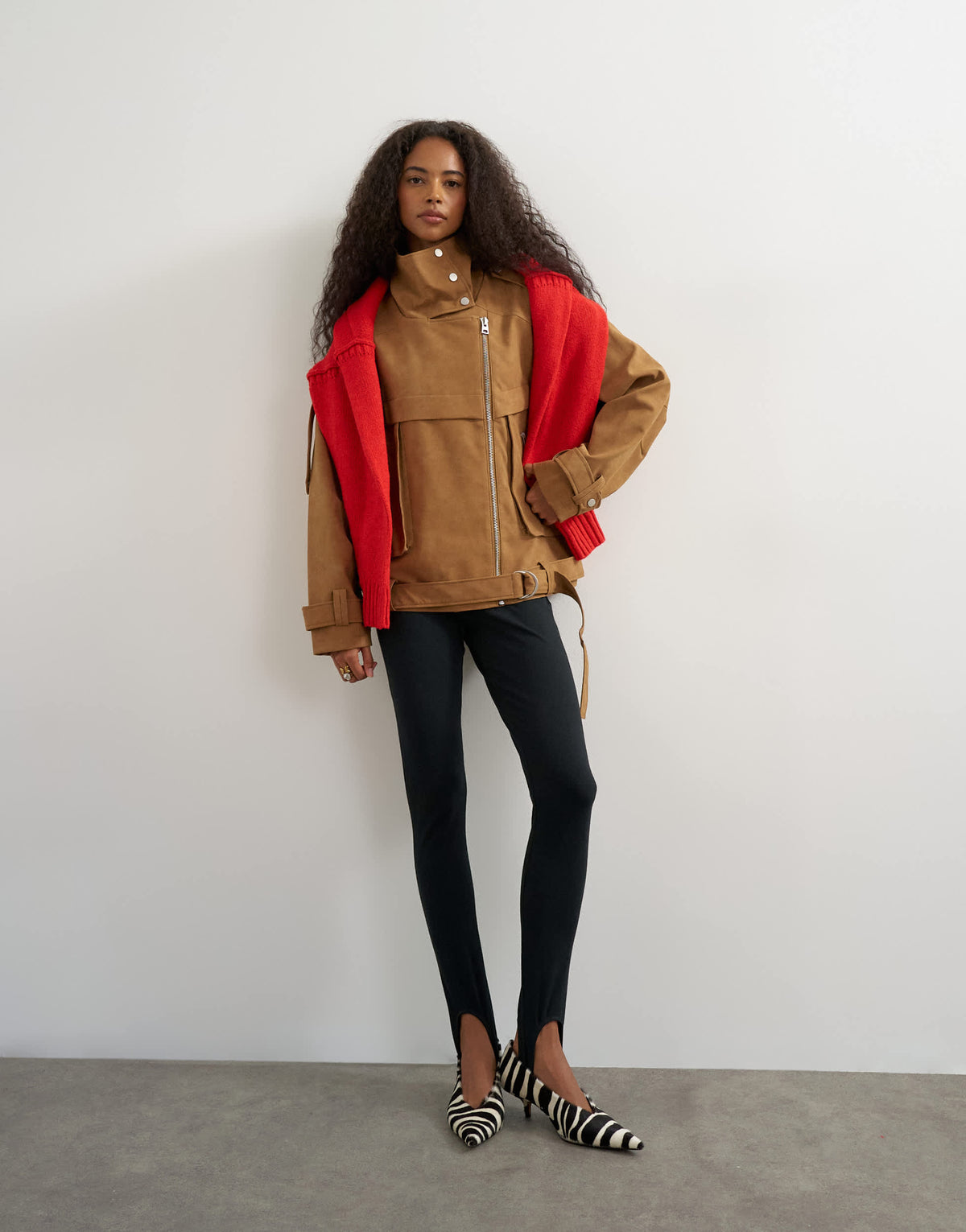 Topshop faux suede fold funnel biker in tan