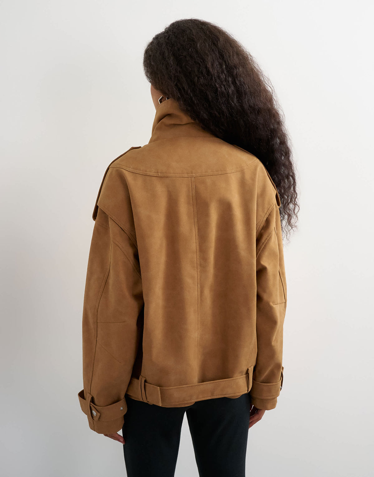 Topshop faux suede fold funnel biker in tan