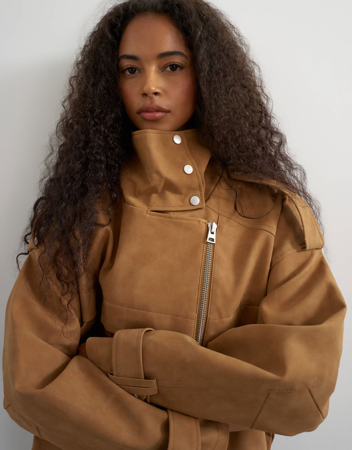 Topshop faux suede fold funnel biker in tan