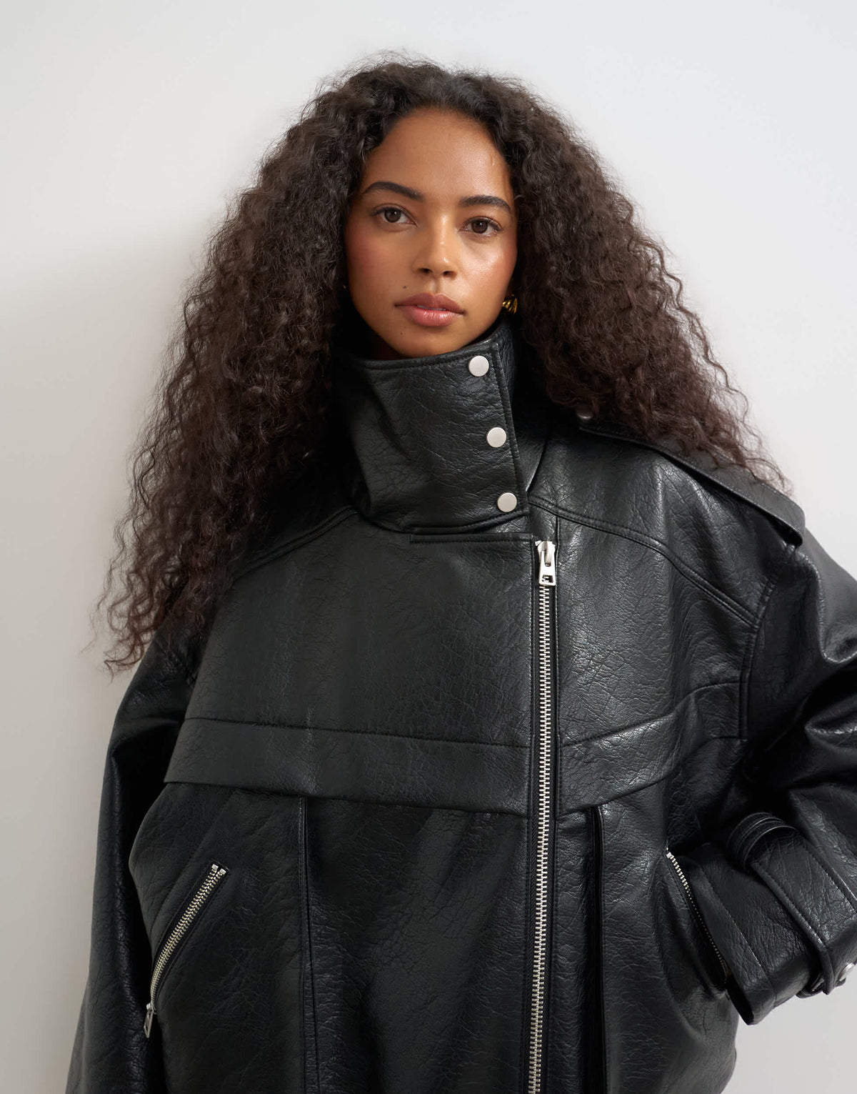 Topshop faux leather ultimate funnel biker in black