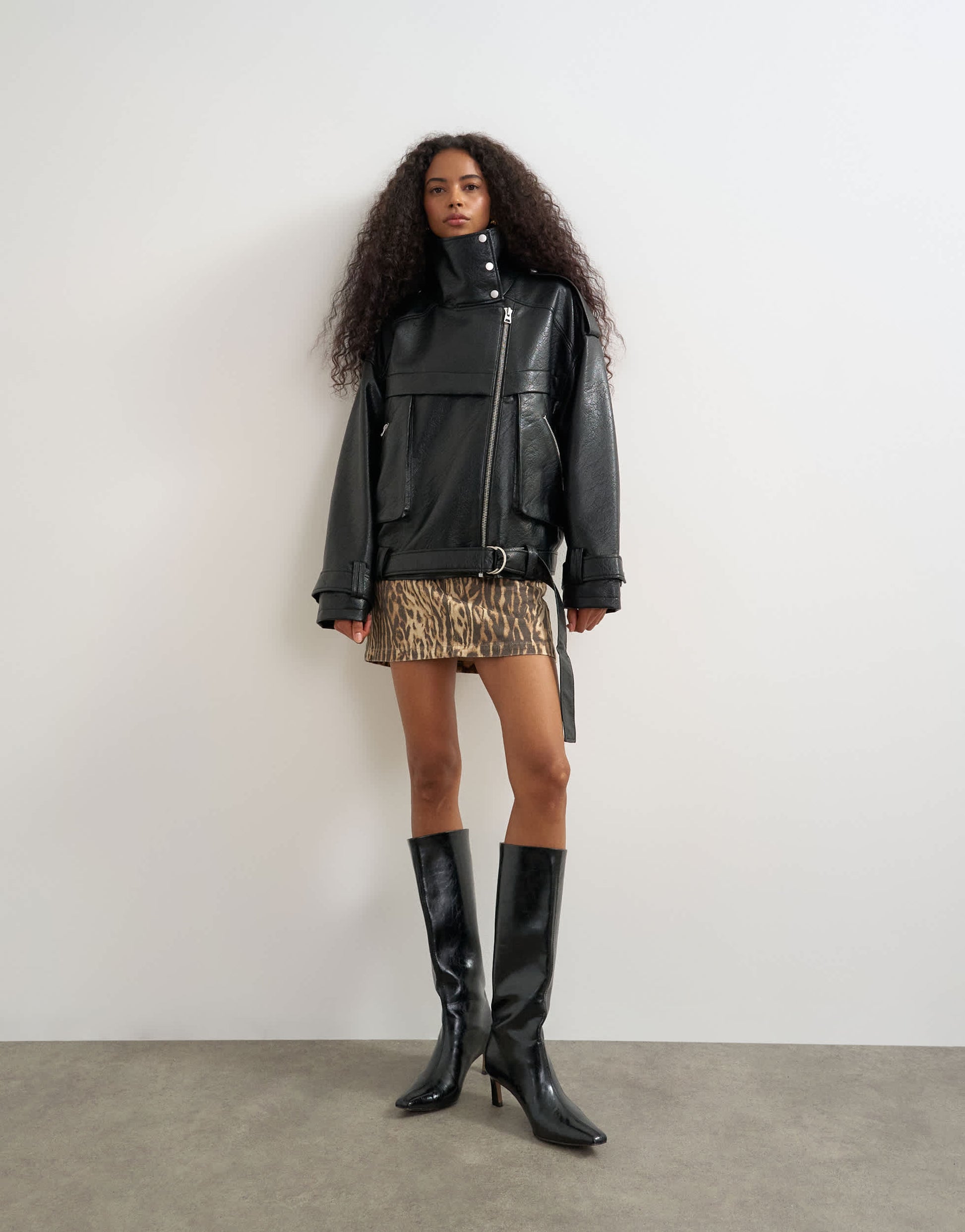 Topshop faux leather ultimate funnel biker in black