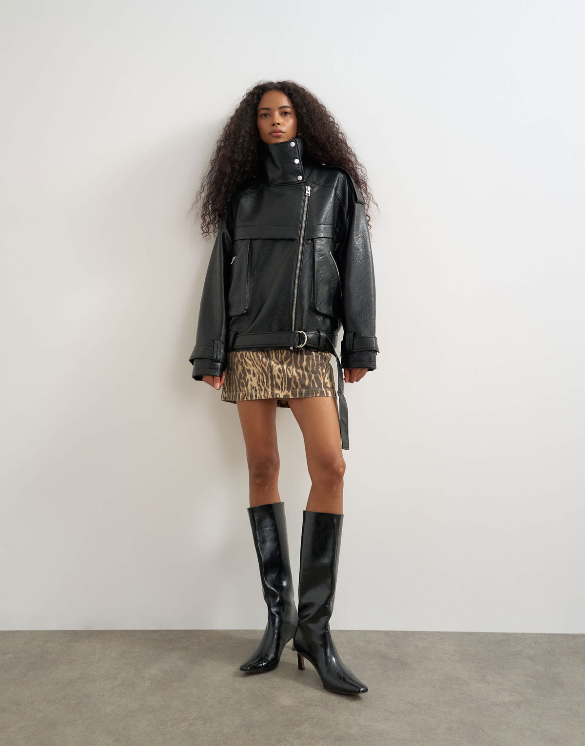 Topshop faux leather ultimate funnel biker in black