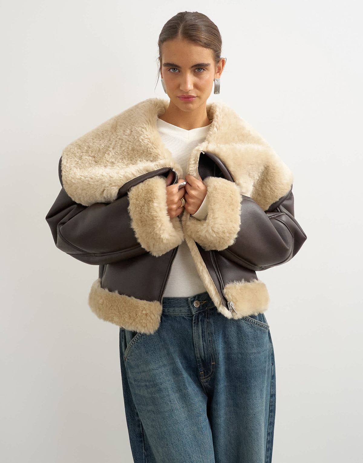 Topshop shearling oversized collar in brown